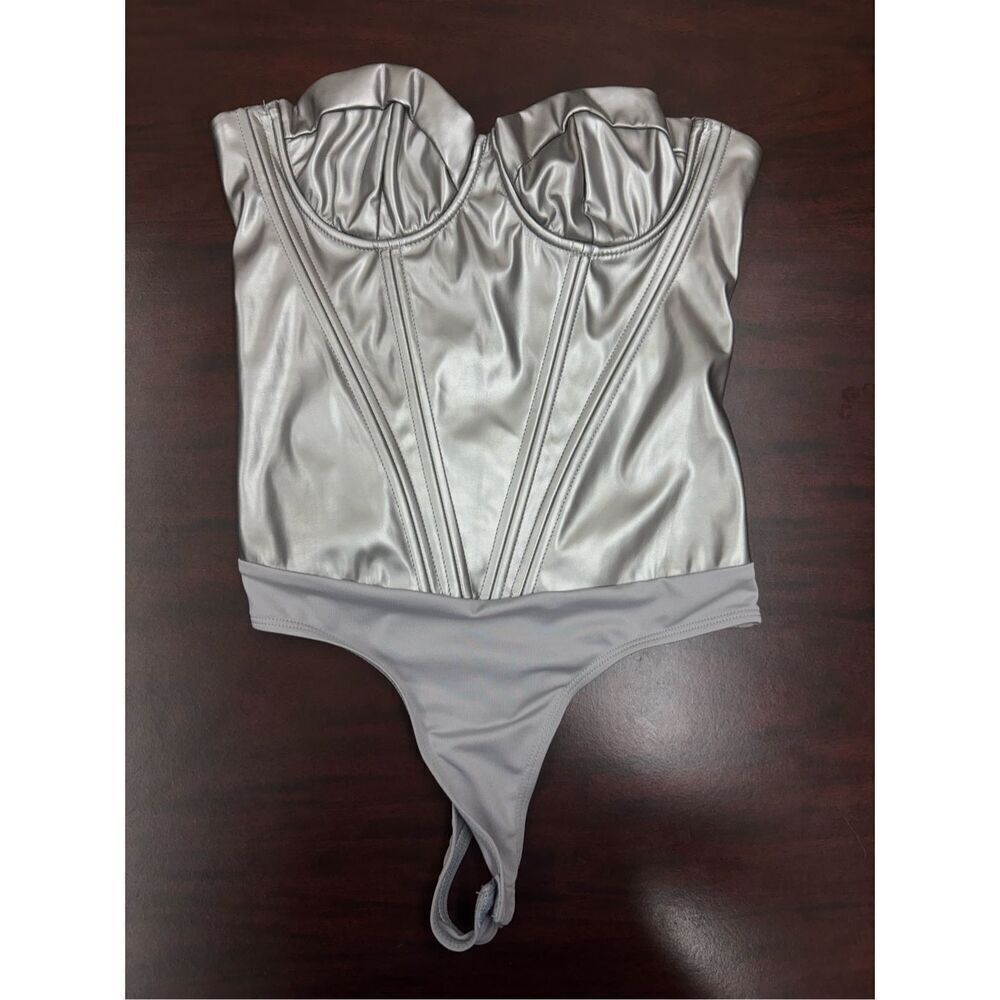 NWT Fashion Nova Silver Valentina Metallic PU Corset Bodysuit Size X-Small